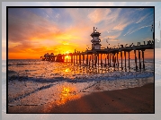 Morze, Fale, Plaża, Molo, Huntington Beach Pier, Zachód słońca, Huntington Beach, Kalifornia, Stany Zjednoczone