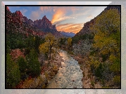 Stany Zjednoczone, Stan Utah, Park Narodowy Zion, Góry, Góra Watchman, Rzeka, Virgin River, Drzewa, Zachód słońca