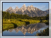 Park Narodowy Grand Teton, Rzeka, Góry, Teton Range, Drzewa, Odbicie, Stan Wyoming, Stany Zjednoczone