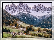 Włochy, Południowy Tyrol, Ośnieżone, Góry, Dolomity, Dolina, Val di Funes, Wieś, Santa Maddalena, Domy, Kościół