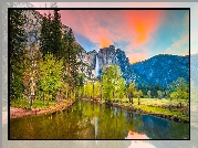 Park Narodowy Yosemite, Rzeka, Merced River, Góry, Sierra Nevada, Wodospad, Drzewa, Kalifornia, Stany Zjednoczone