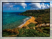 Morze, Wzgórza, Zatoka, Ramla Bay, Plaża Ramla Beach, Plaża Czerwonego Piasku, Wyspa Gozo, Malta