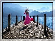 Dziewczyna, Biały, Kapelusz, Różowa, Sukienka, Spacer, Pomost, Jezioro, Sun Moon Lake, Yuchi Township, Tajlandia