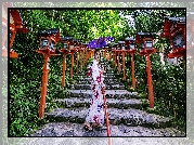 Azjatka, Kobieta, Kimono, Parasol, Schody, Lampy, Świątynia Kifune Shrine, Kioto, Japonia