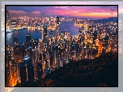 Hongkong, Noc, Oświetlone, Wieżowce, Zatoka Wiktorii, Port Wiktorii, Chiny