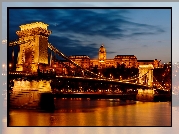 Węgry, Budapeszt, Rzeka Dunaj, Most Łańcuchowy, Parlament, Noc, Światła