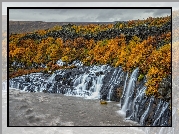 Jesień, Żółte, Krzewy, Skały, Wodospad Hraunfossar, Islandia