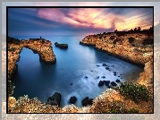 Portugalia, Region Algarve, Morze, Skały, Wschód słońca