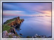 Morze Szkockie, Wybrzeże, Klif, Skały, Latarnia morska, Neist Point Lighthouse, Półwysep Duirinish, Wyspa Skye, Szkocja