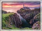 Morze, Latarnia morska, Fanad Head Lighthouse, Skały, Zachód słońca, Portsalon, Hrabstwo Donegal, Irlandia Północna