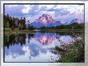 Park Narodowy Grand Teton, Góry Teton Range, Rzeka, Snake River, Drzewa, Chmury, Stan Wyoming, Stany Zjednoczone