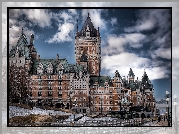 Kanada, Quebec, Zamek, Hotel, Chateau Frontenac, Zima, Niebo, Chmury