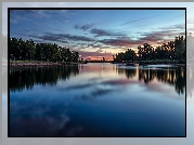 Poranek, Jezioro, Lake Chatfield, Drzewa, Park stanowy Chatfield, Kolorado, Stany Zjednoczone