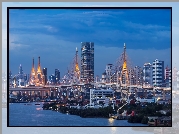Tajlandia, Bangkok, Oświetlony, Most, Rzeka, Menam, Wieżowce, Statki, Zmierzch