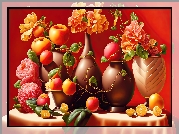 Stół, Wazony, Kwiaty, Owoce, Jabłka, Cytryny, Świeczki, Liście, Digital Art, Kompozycja