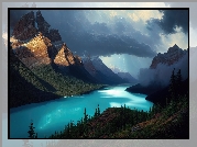 Park Narodowy Banff, Jezioro, Peyto Lake, Góry, Lasy, Chmury, Alberta, Kanada