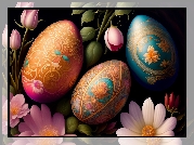 Wielkanoc, Kolorowe, Pisanki, Kwiaty, Grafika