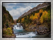 Kaskada, Drzewa, Rzeka, Arazas Rio, Dolina Ordesy, Park Narodowy Ordesa y Monte Perdido, Hiszpania