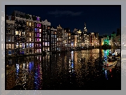 Holandia, Amsterdam, Kanał wodny, Domy, Noc, Światła