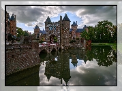 Holandia, Utrecht, Zamek, Castle De Haar, Wieża, Most, Staw, Odbicie