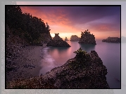 Wschód słońca, Morze, Skały, Drzewa, Wybrzeże Park stanowy, Samuel H Boardman State Scenic Corridor, Oregon, Stany Zjednoczone