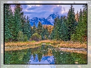 Park Narodowy Grand Teton, Góry Skaliste, Drzewa, Rzeka, Snake River, Chmury, Stan Wyoming, Stany Zjednoczone