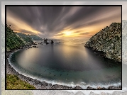Morze, Zatoka, Zachód słońca, Skały, Wybrzeże, Plaża, Playa del Silencio, Asturia, Hiszpania