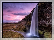 Islandia, Wodospad Seljalandsfoss, Skała, Rzeka, Chmury