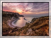 Morze, Wybrzeże, Zatoka, Plaża, Man OWar Beach, Zachód słońca, Chmury, Hrabstwo Dorset, Anglia