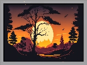 Góry, Drzewa, Ptaki, Zachód słońca, Grafika