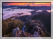 Mgła, Zachód słońca, Góry, Arthur Range, Jeziora, Skały, Tasmania, Australia