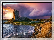 Zamek, Dunguaire Castle, Zatoka, Galway Bay, Chmury, Kinvara, Irlandia