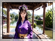 Kobieta, Azjatka, Kimono, Kwiaty, Włosy, 2D