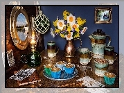 Kompozycja, Lampa, Bukiet kwiatów, Serwis kawowy, Muffiny, Obrazek