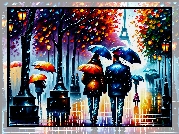 Ludzie, Parasol, Deszcz, Ulica, Paryż, Grafika