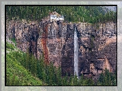 Stany Zjednoczone, Kolorado, Skały, Wodospad, Bridal Veil Falls, Telluride, Drzewa, Dom