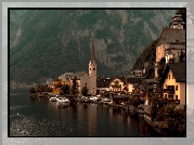 Góry, Alpy Salzburskie, Jezioro Hallstattersee, Hallstatt, Domy, Kościół, Austria