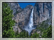 Góry, Drzewa, Wodospad, Upper Yosemite Falls, Park Narodowy Yosemite, Kalifornia, Stany Zjednoczone