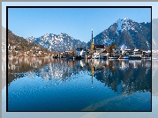 Jezioro Tegernsee, Miato, Domy, Góry, Alpy, Bawaria, Niemcy
