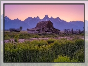 Stany Zjednoczone, Wyoming, Park Narodowy Grand Teton, Góry, Chata, Drzewa, Ogrodzenie, Trawa