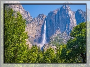 Park Narodowy Yosemite, Kalifornia, Stany Zjednoczone, Góry, Drzewa, Wodospad