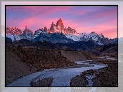 Argentyna, Patagonia, Góry, Andy, Szczyt, Fitz Roy, Wschód słońca, Rzeka, Park Narodowy Los Glaciares