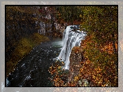 Jesień, Wodospad, Upper Mesa Falls, Las, Drzewa, Skały, Rzeka, Idaho, Stany Zjednoczone