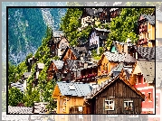 Austria, Hallstatt, Domy, Góry, Drzewa