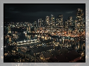 Noc, Oświetlenie, Budynki, Rzeka, Statki, Miasto nocą, Vancouver, Kanada