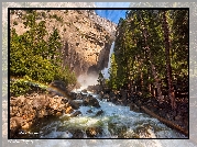 Stany Zjednoczone, Kalifornia, Park Narodowy Yosemite, Góry, Drzewa, Wodospad, Rzeka, Tęcza