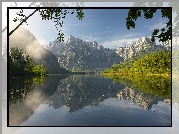 Góry, Jezioro, Almsee, Drzewa, Odbicie, Austria