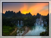Wodospad, Ban Gioc Waterfall, Jezioro, Rzeka, Cao Bang, Góry, Zachód słońca, Wietnam