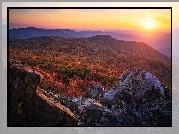 Stany Zjednoczone, Wirginia, Góry, Stony Man Mountain, Park Narodowy Shenandoah, Zachód słońca, Skały, Jesień