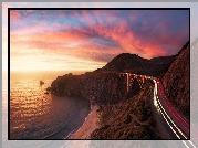 Morze, Most, Bixby Creek Bridge, Wybrzeże, Region Big Sur, Góry, Droga, Zachód słońca, Kalifornia, Stany Zjednoczone